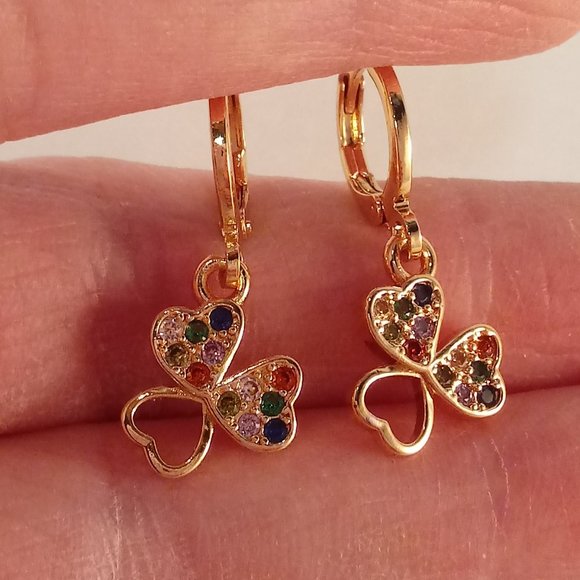 18K Yellow Gold Filled Hollow Heart Flower Diamond Topaz Zircon Dangle Earrings - Picture 3 of 4
